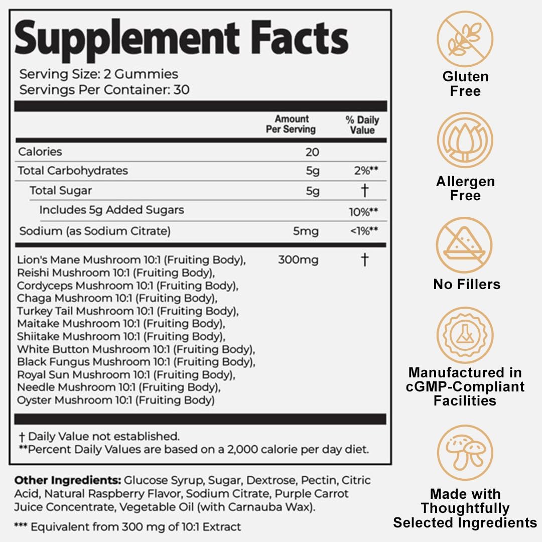 Aurí Nutrition Super Mushroom Daily Gummies – Wild Raspberry, 60 Gummies