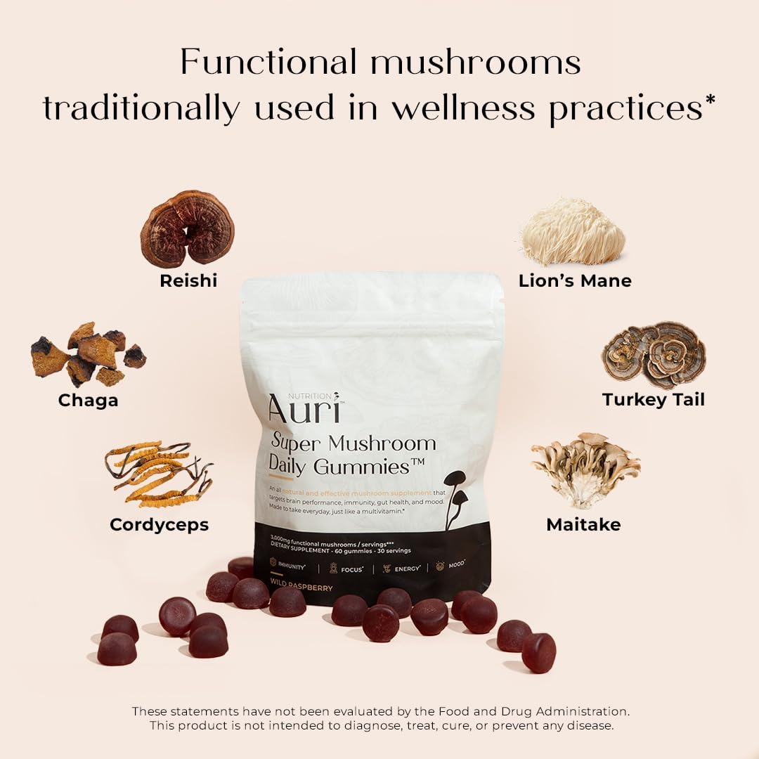 Aurí Nutrition Super Mushroom Daily Gummies – Wild Raspberry, 60 Gummies