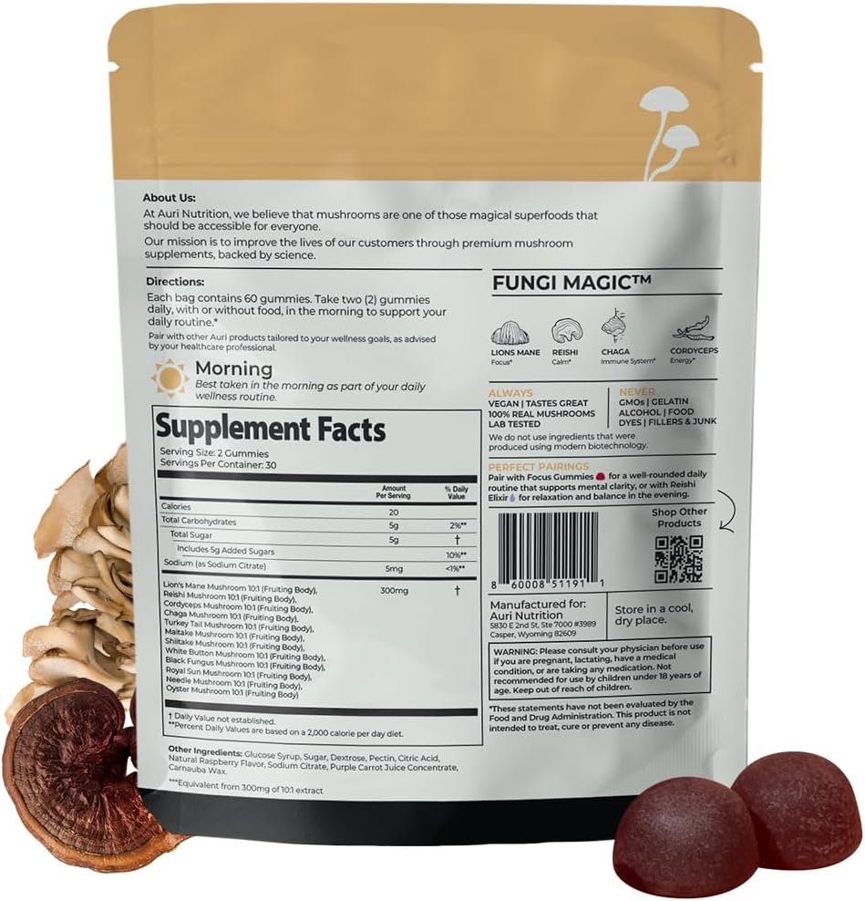 Aurí Nutrition Super Mushroom Daily Gummies – Wild Raspberry, 60 Gummies