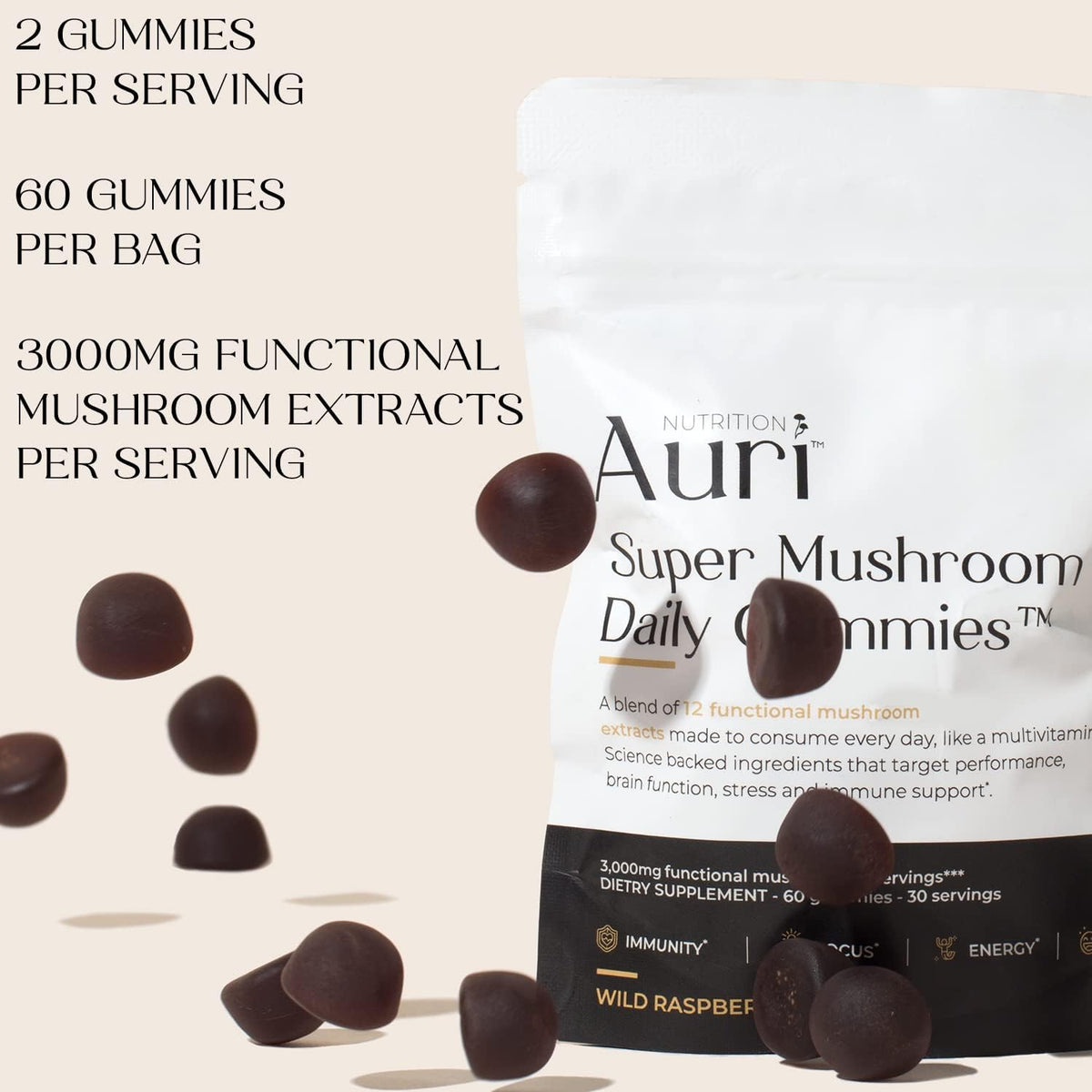 Aurí Nutrition Super Mushroom Daily Gummies – Wild Raspberry, 60 Gummies