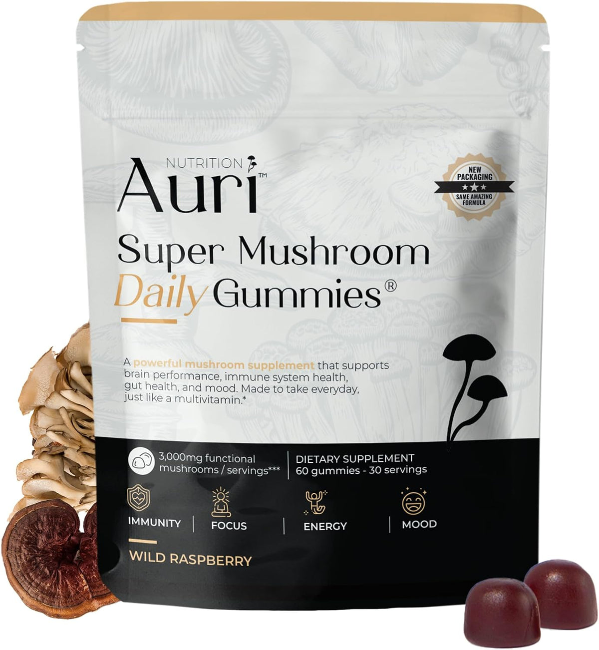 Aurí Nutrition Super Mushroom Daily Gummies – Wild Raspberry, 60 Gummies
