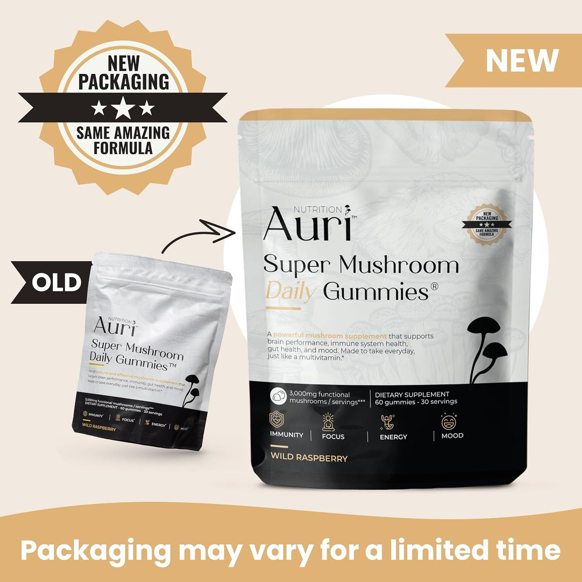 Aurí Nutrition Super Mushroom Daily Gummies – Wild Raspberry, 60 Gummies